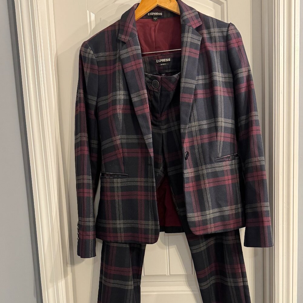 Express Plaid Blazer and Pants Set in Burgundy and Navy
